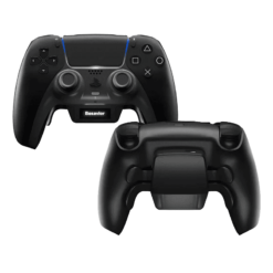 Mando Besavior personalizable en negro para PS5, vistas frontal y trasera, con palas, botones programables y logotipo de Besavior.