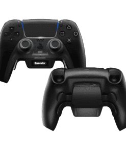 Manette noire personnalisable Besavior pour PS5 vue de face et de dos, avec palettes, boutons programmables et marquage du logo Besavior.