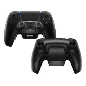 Controller nero personalizzabile Besavior per PS5, vista anteriore e posteriore, con paddle, pulsanti programmabili e logo Besavior.